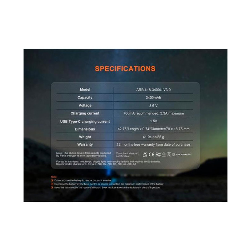 Fenix ARB-L18-3400U V3.0 - 3400 mAh Recargable USB C