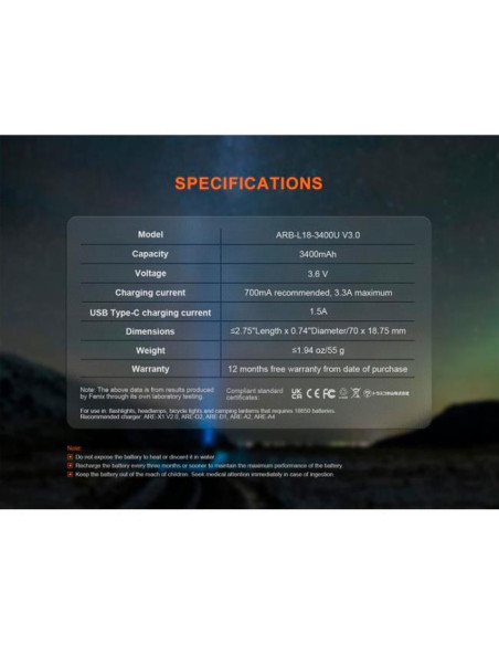 Fenix ARB-L18-3400U V3.0 - 3400 mAh Recargable USB C